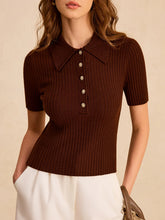 Metal Button Ribbed Knit Polo Top